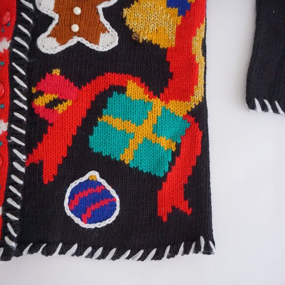 VTG Spice of Life Black Holiday Gingerbread Cardigan Cotton Festive Grandma S/P - Picture 5 of 11